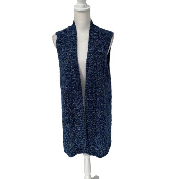 Chico's Blue Metalic Open Front Sleeveless Cardigan Vest Sz 2 (12) - Picture 1 of 8